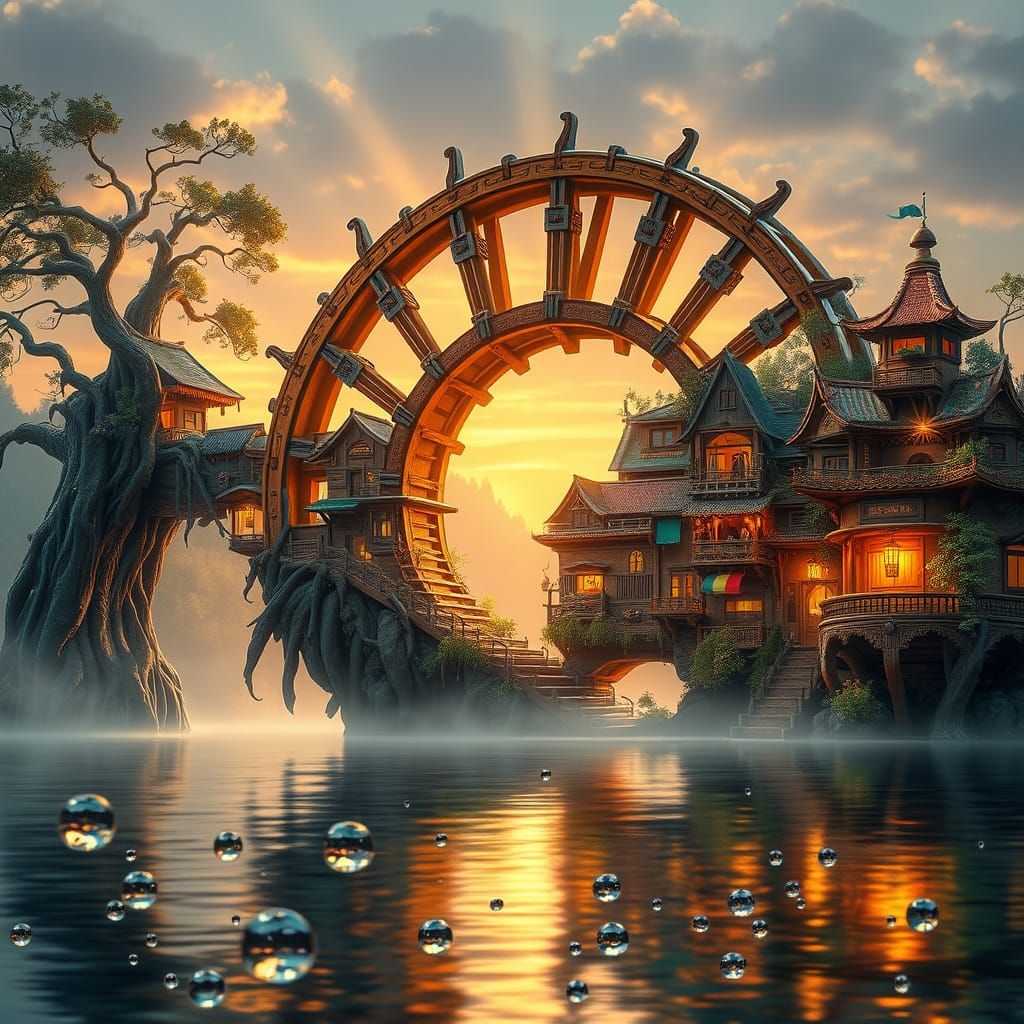 Majestic Fantasy Waterwheel Powers Serene Floating Village