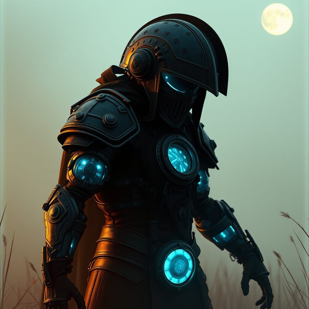 Mechanized Medieval Warrior in Foggy Bog