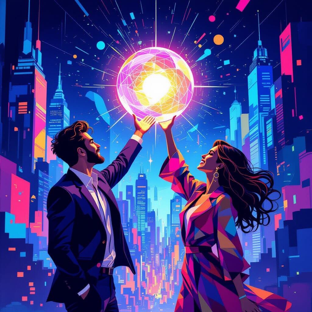 Man and Woman Reach for Balanced Success NFT Art