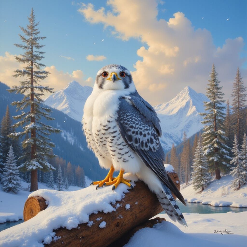 Vibrant Oil Painting of a Falcon in Snowy Mountains