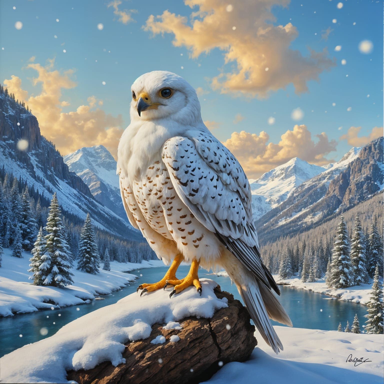 Vibrant Fauvist Oil Painting of a White Falcon in Winter