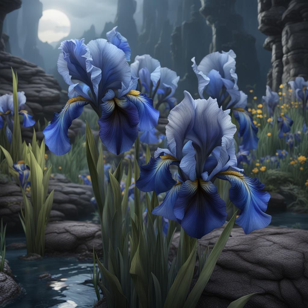 Detailed Matte Painting of Blue and Grey Irises