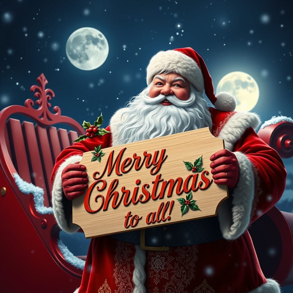 Santa Claus in Luxurious Velvet Suit, Holding Merry Christma...