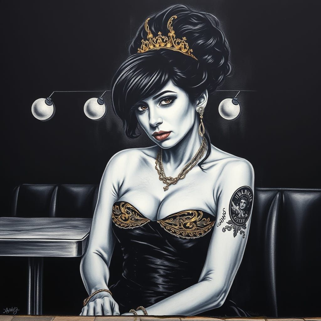 Amy Winehouse Street Art Portrait in Black and Gold Gown