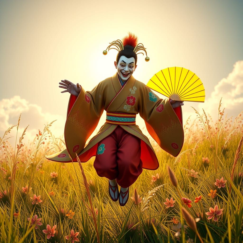 Vibrant Japanese Jester Leaps in Splendid Kimono