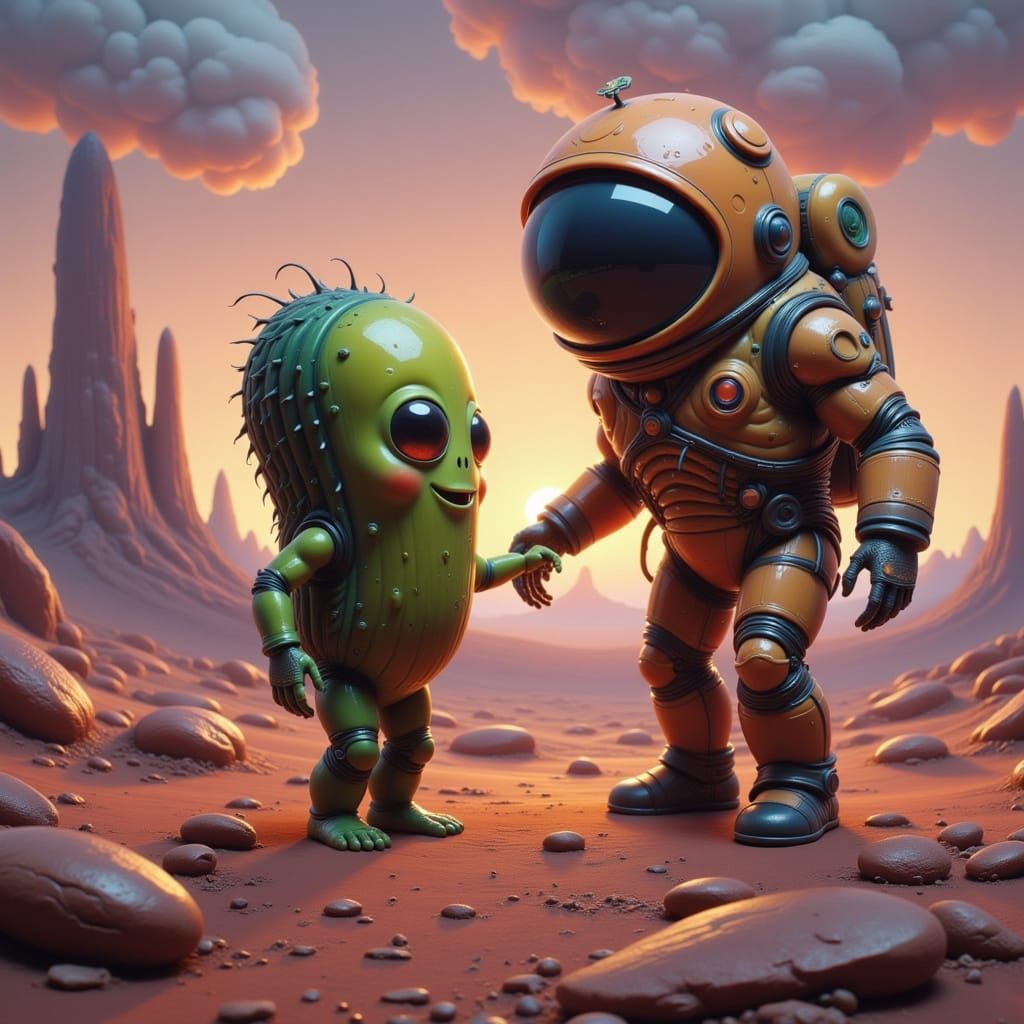 Picklecore Alien Meets Surprised Astronaut on Dreamscape Pla...