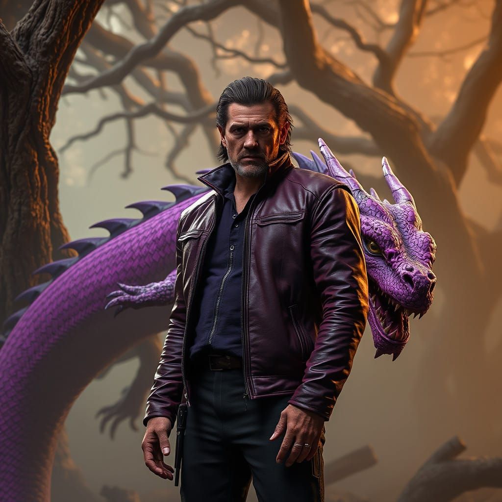 Fantastical Hero Stands with Lavender Dragon in Ancient Real...