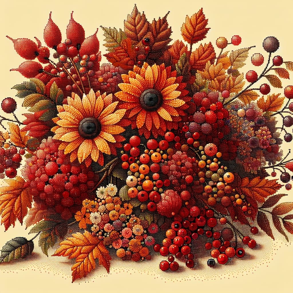 Pointillism style painting of an amazing autumn flowers bouq...