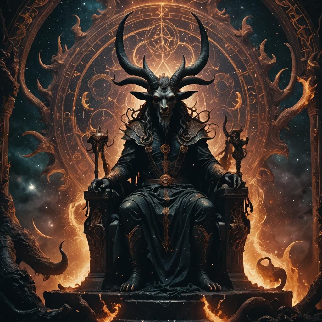 Baphomet Enthroned in Cosmic Chaos: Pointillist Style