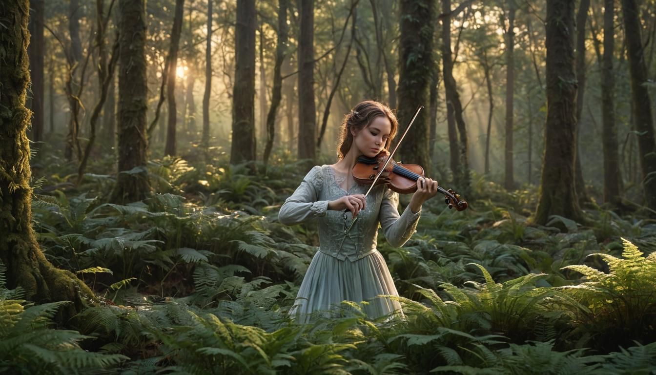 Ethereal Fantasy Violinist in Forest Glade