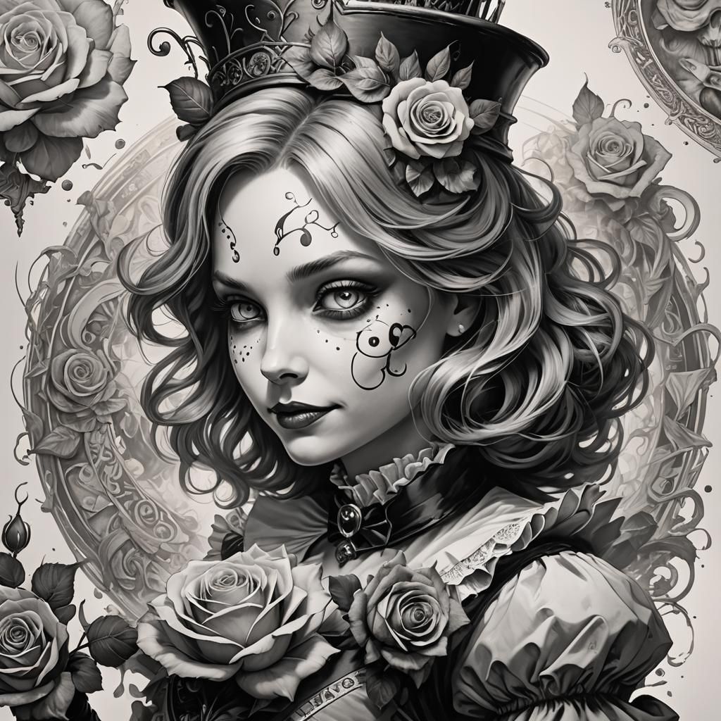 Alice in Wonderland Tattoo Design in Black and White