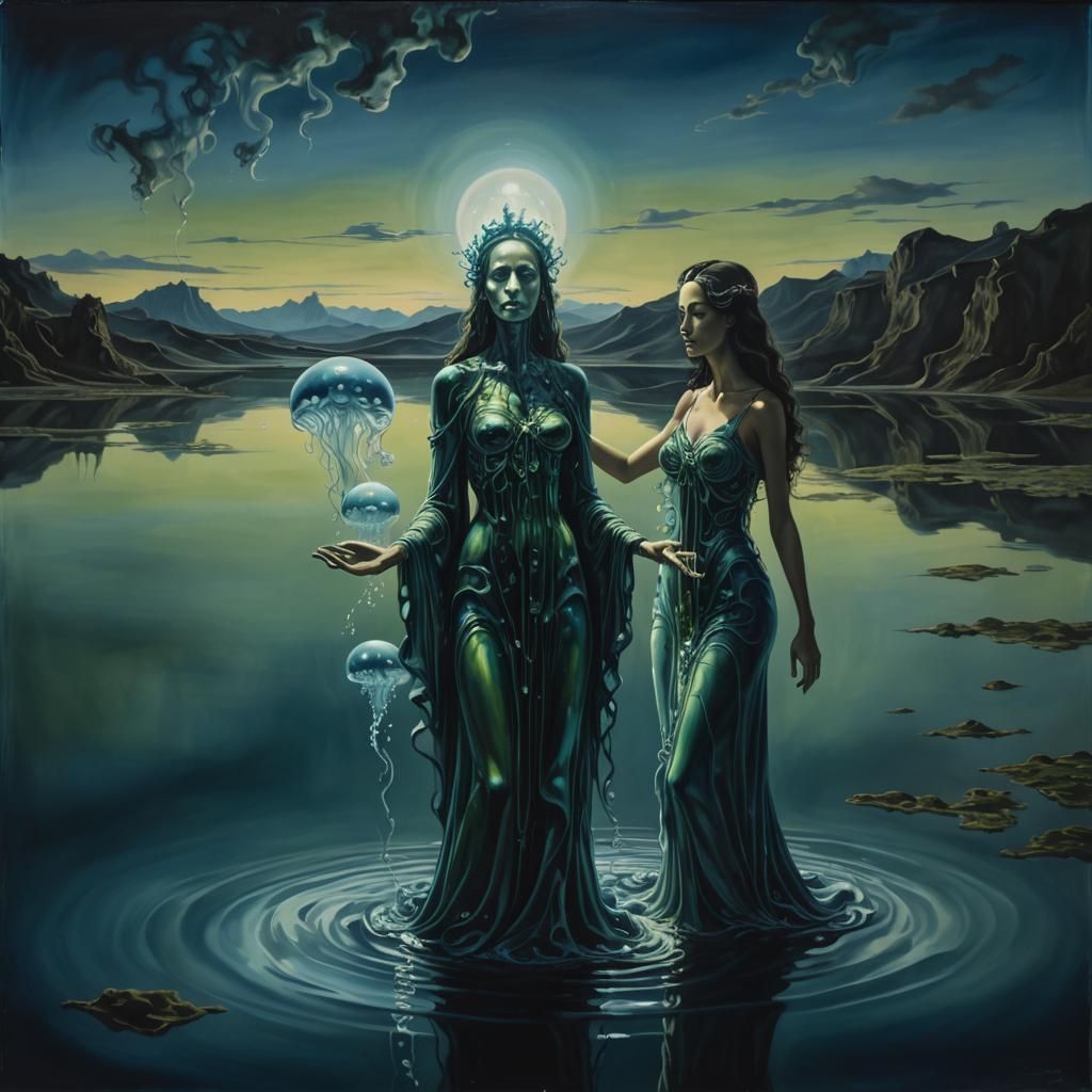 Surreal Underwater Goddess on Throne, Dali-esque Oil Paintin...