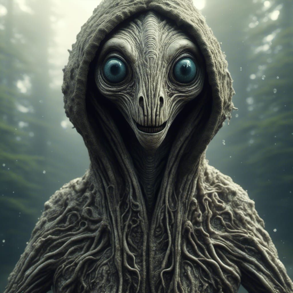 Hyperrealistic Hooded Alien Creature in Shadow