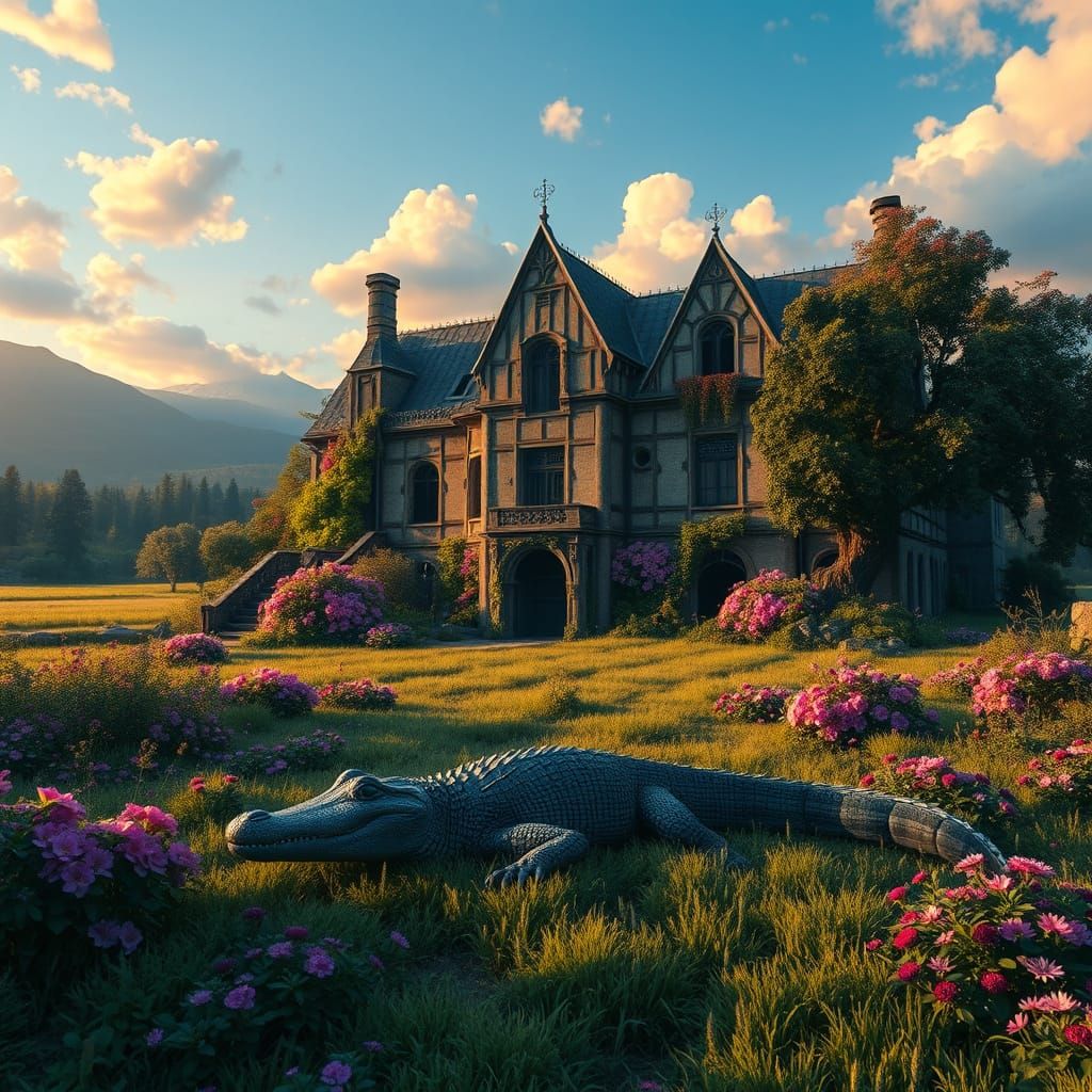 Medieval Estate Ruins Amidst Lush Field and Forest Landscape