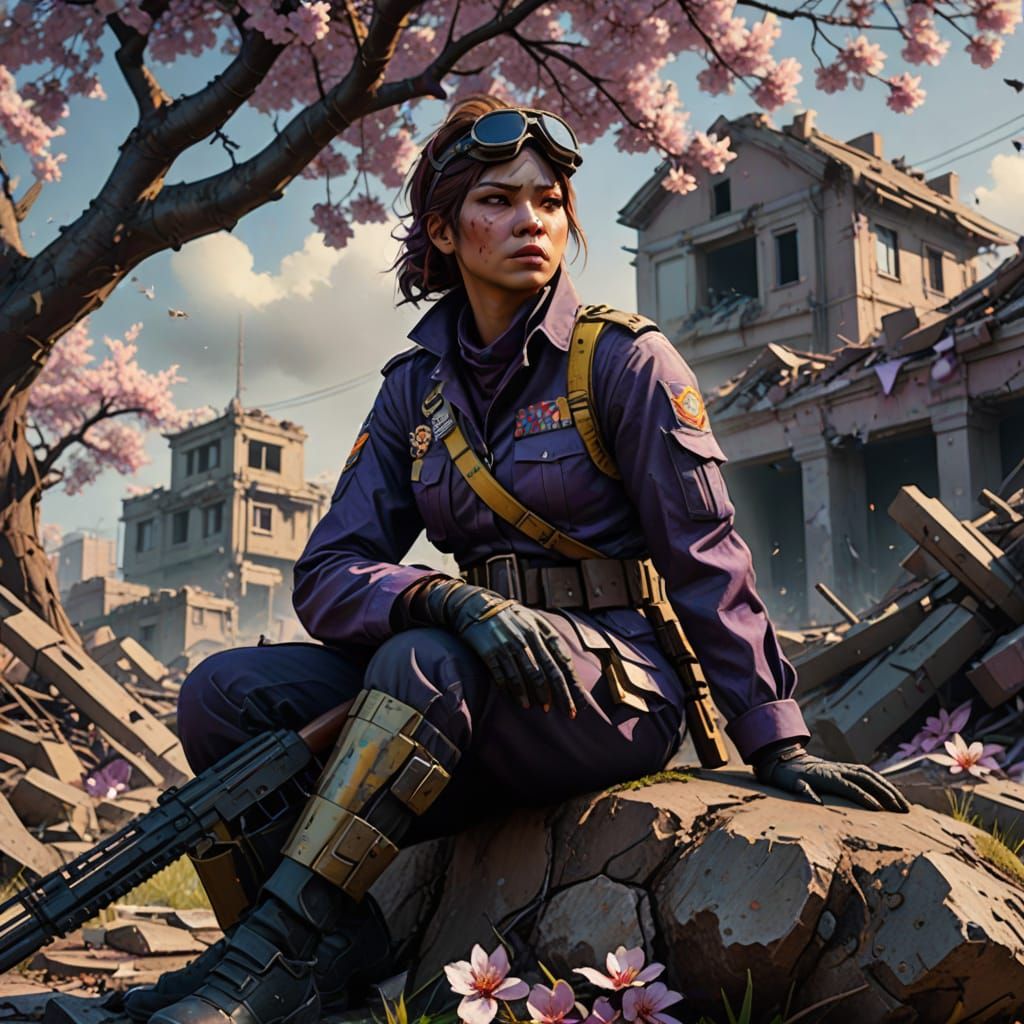 Dark Fantasy Female Warrior in Desolate Cherry Blossom Lands...