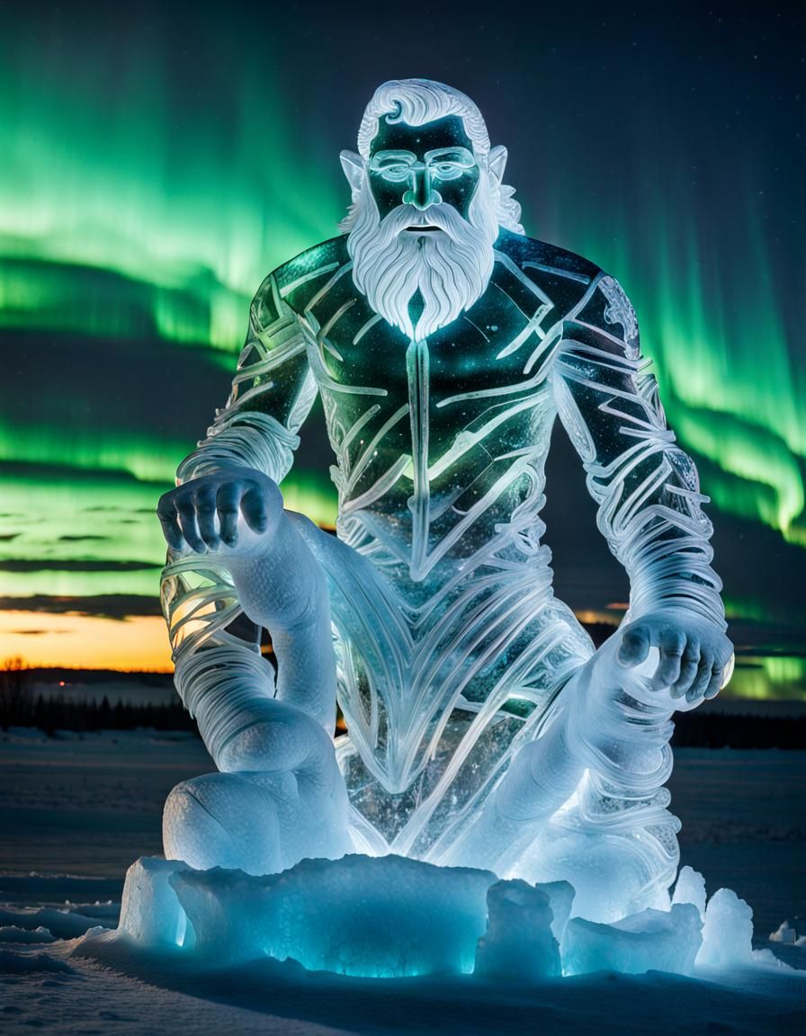 Crystal Frost Giant Sculpture Under Aurora Borealis