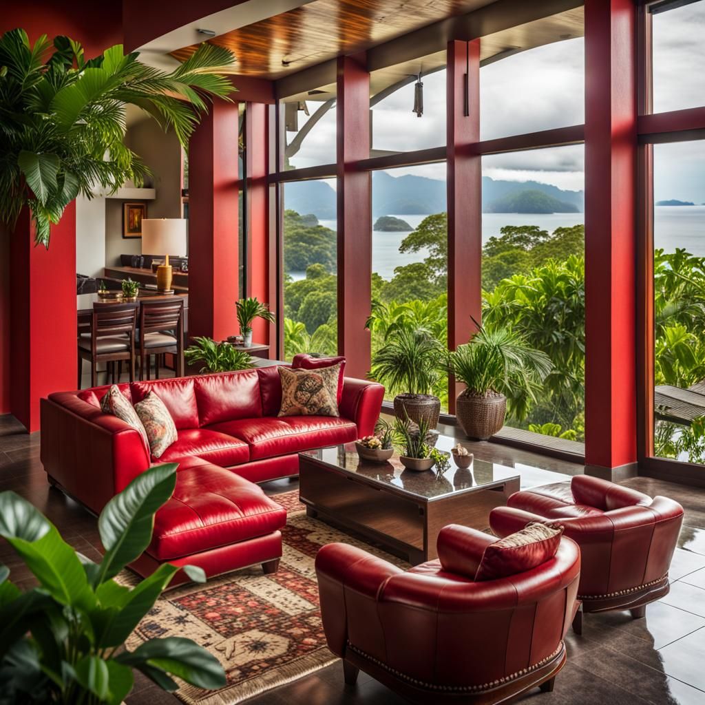 Luxury Living Room with Red Sofas and Bay View