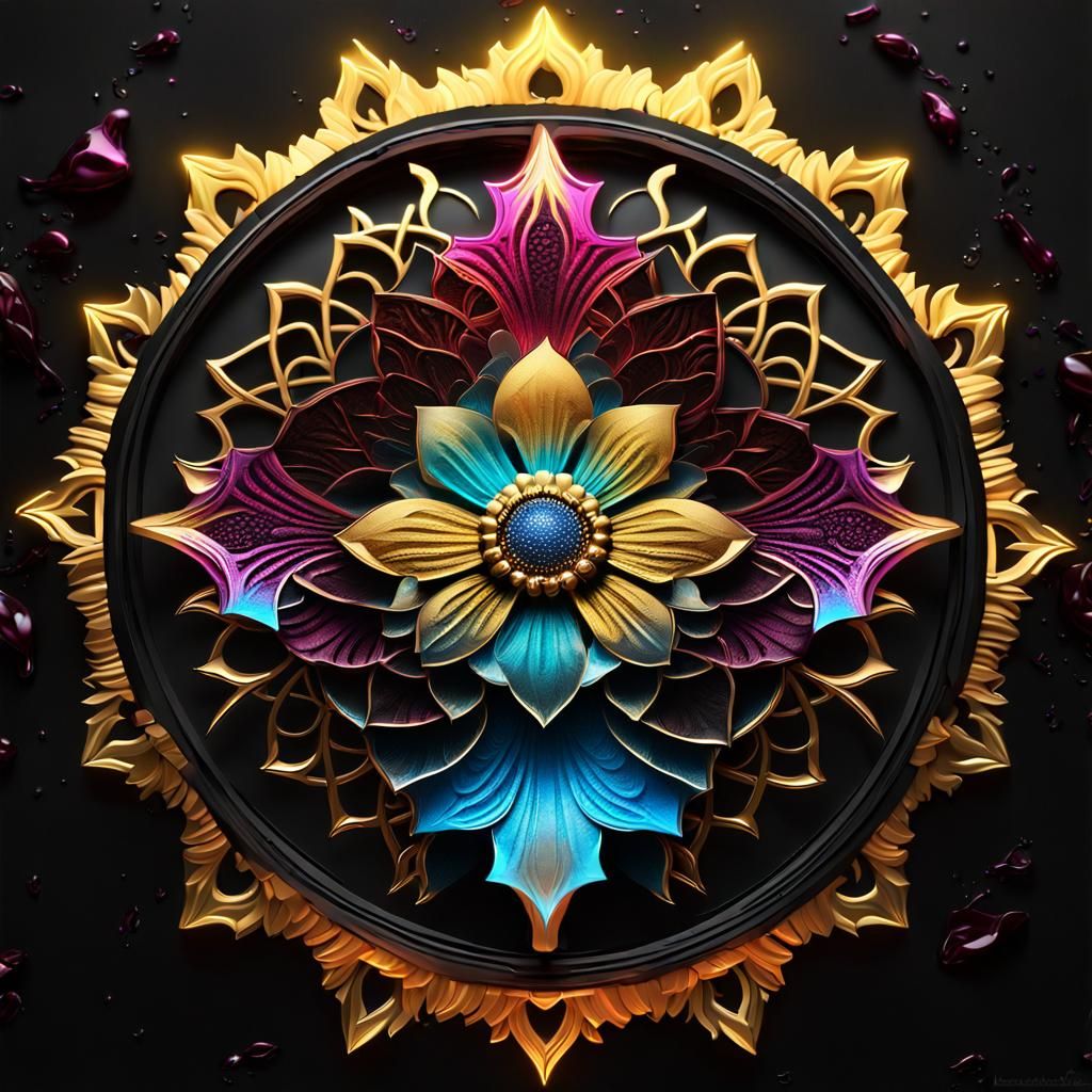 3D Abstract Mandala with Neon and Gold Accents