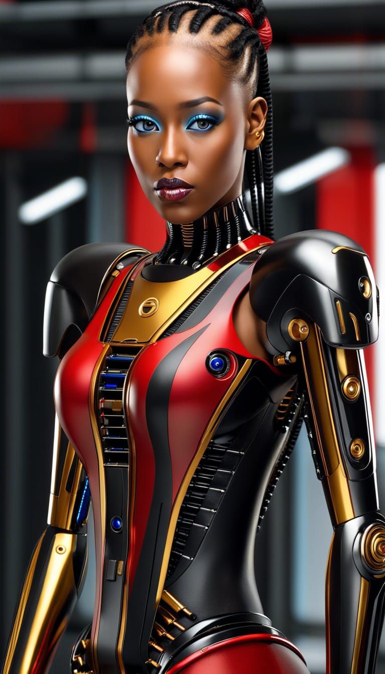 Melanesian Female Android with Red Ponytail
