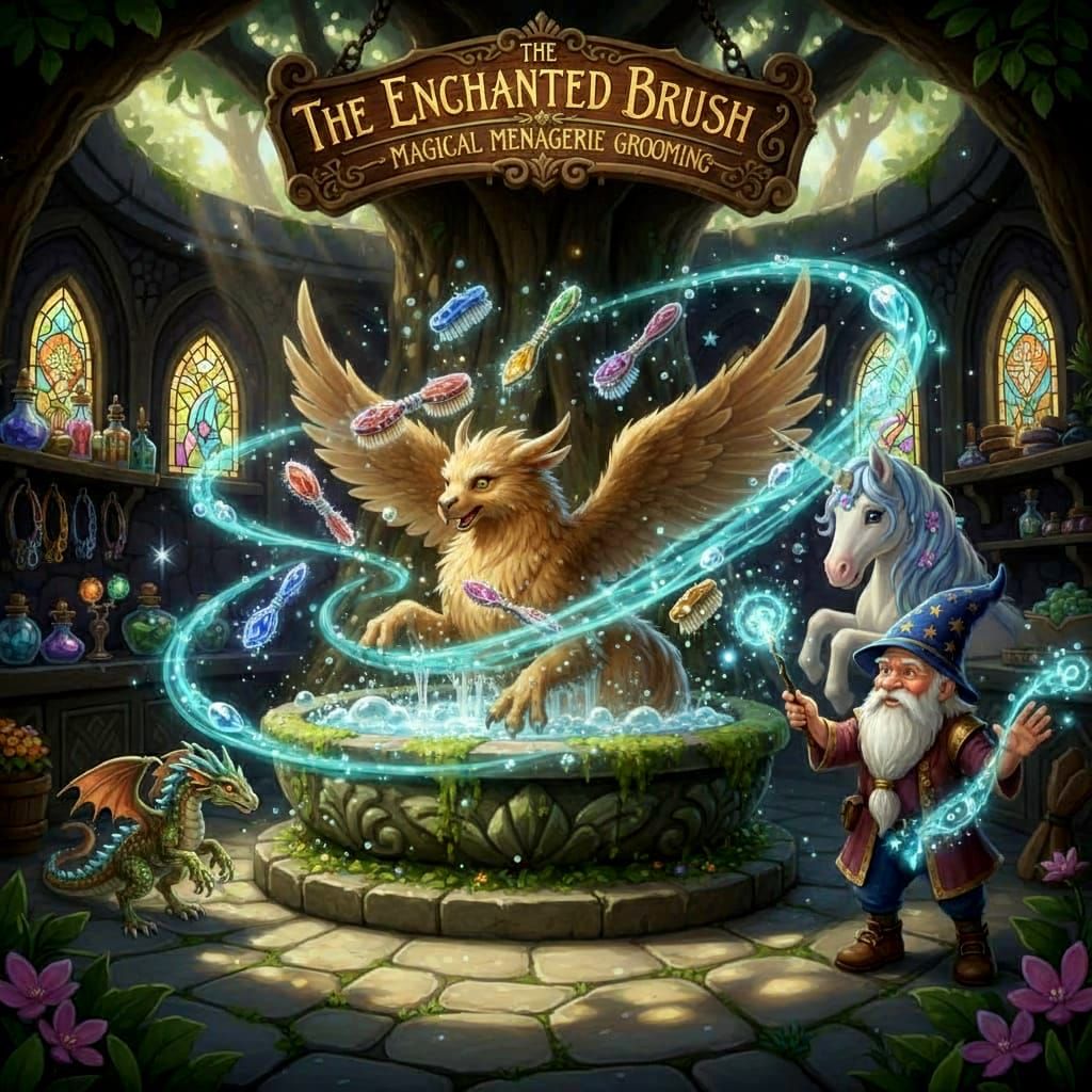 Magical Pet Groomers Floating Tools in Whimsical Scene