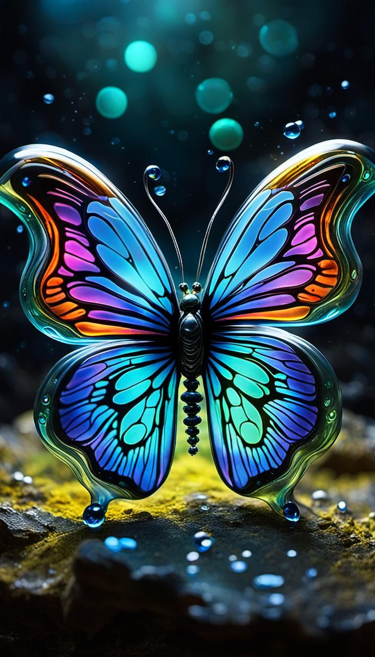 Bioluminescent Glass Butterfly in Mystical Portal