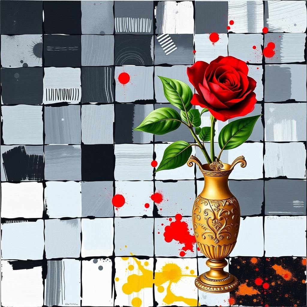 Rose in Gold Vase on Checkerboard, Abstract Expressionism