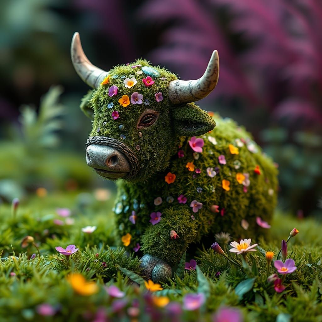 Mossy Highland Cow Sculpture in Digital Art Style