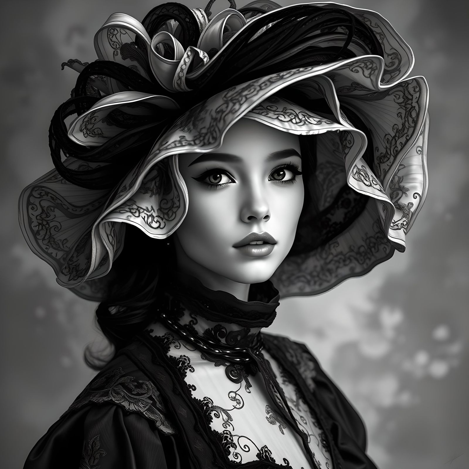 Fashionable Portrait in Black and White Impasto Style
