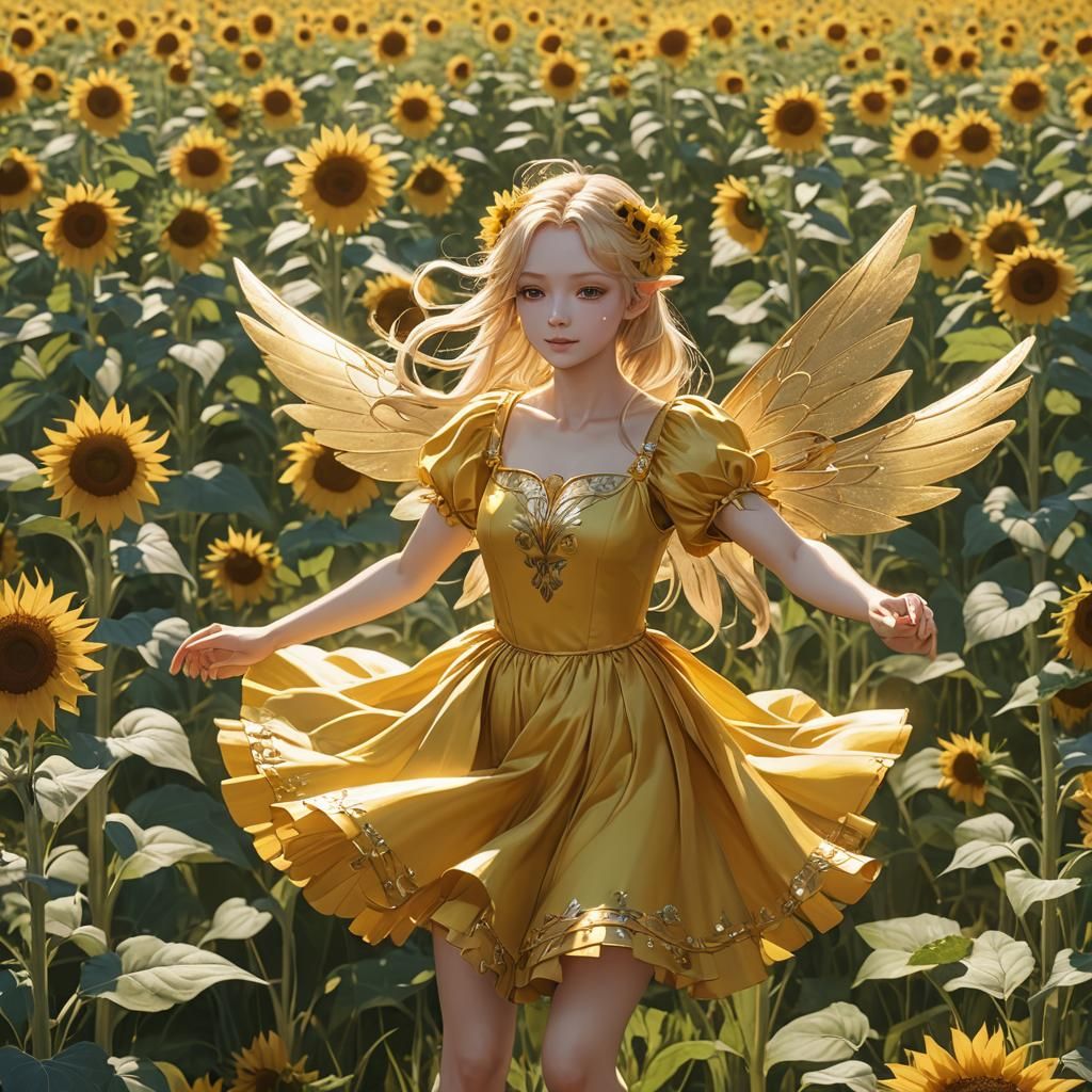 Blond Fairy Dances in Sunny Sunflower Field