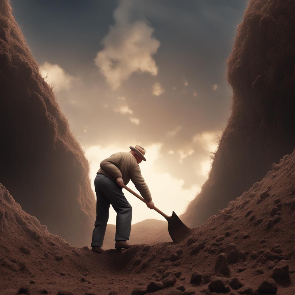 Cartoonish Elderly Man Digging: Cinematic Digital Art