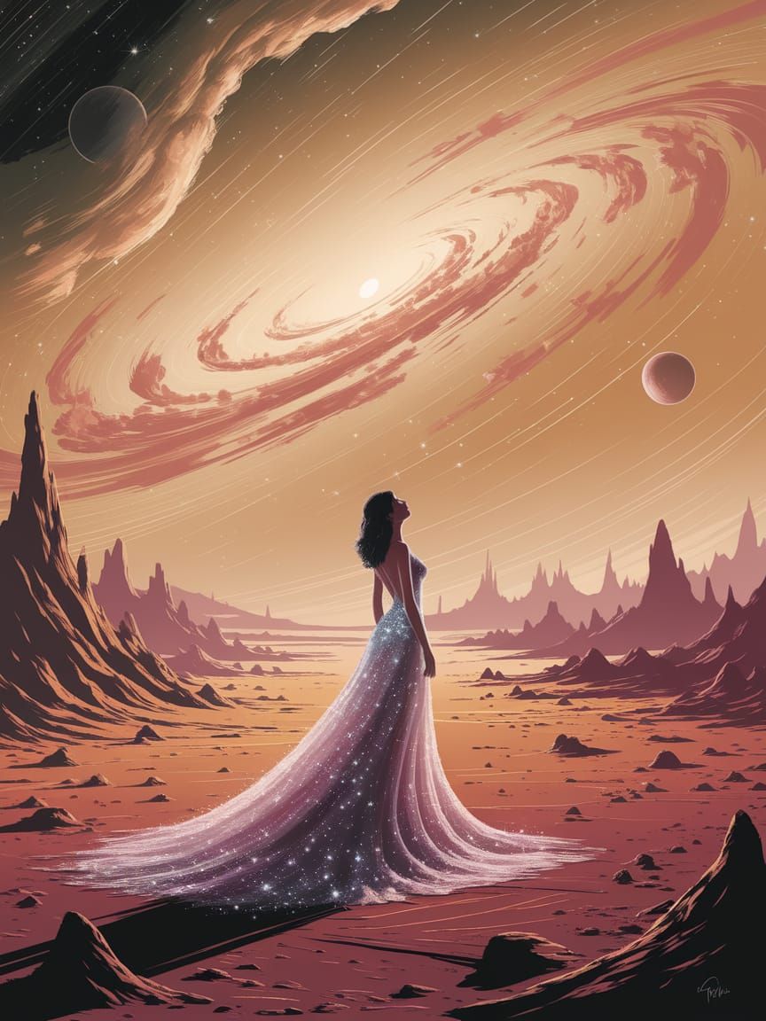 Woman Gazes at Cosmic Sky on Alien Planet