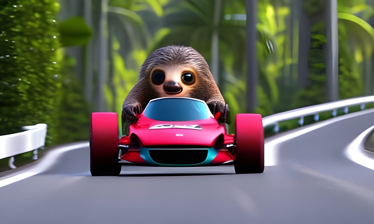 Surprised Sloth Races in a Fantasy Car