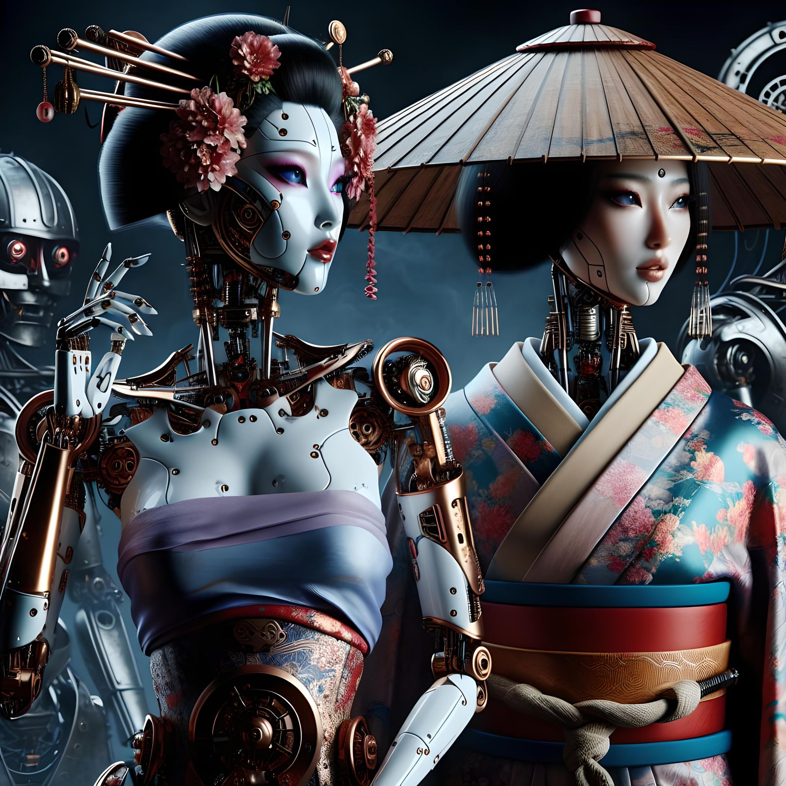 Medieval Japanese Automaton Geisha and Samurai Portrait
