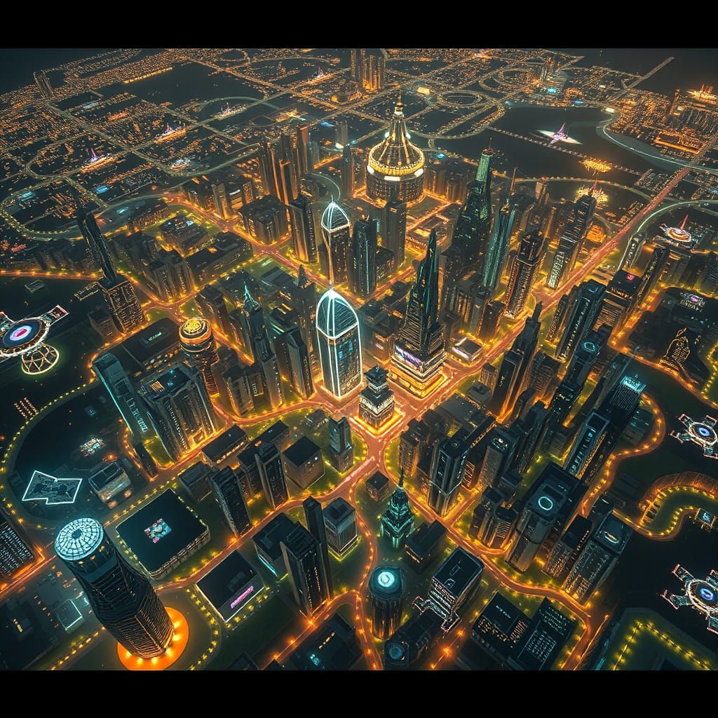 Futuristic Bioluminescent City Aerial View