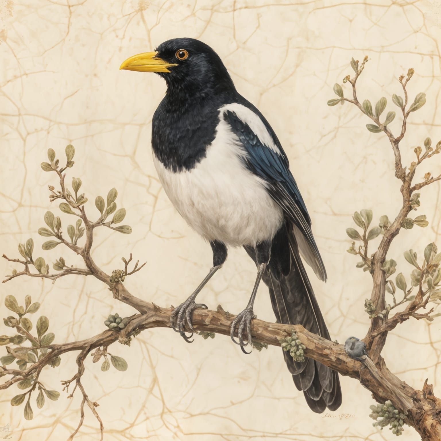 Realistic Yellow-Billed Magpie Painting on Vellum