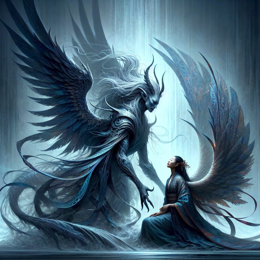 Majestic Fantasy Alien Creature Locks Eyes with Kneeling Asi...