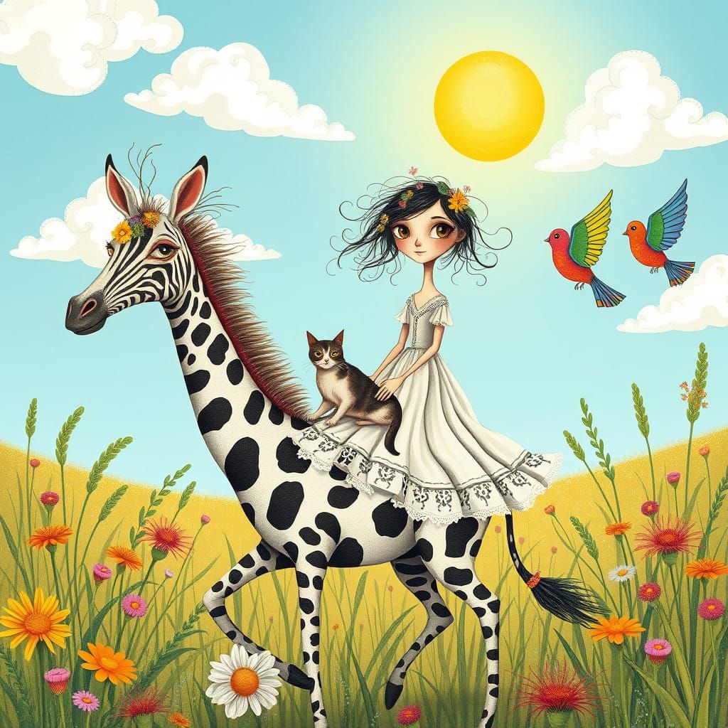 Whimsical Bohemian Girl Rides Fantastical Zebrafaffe in Sun-...