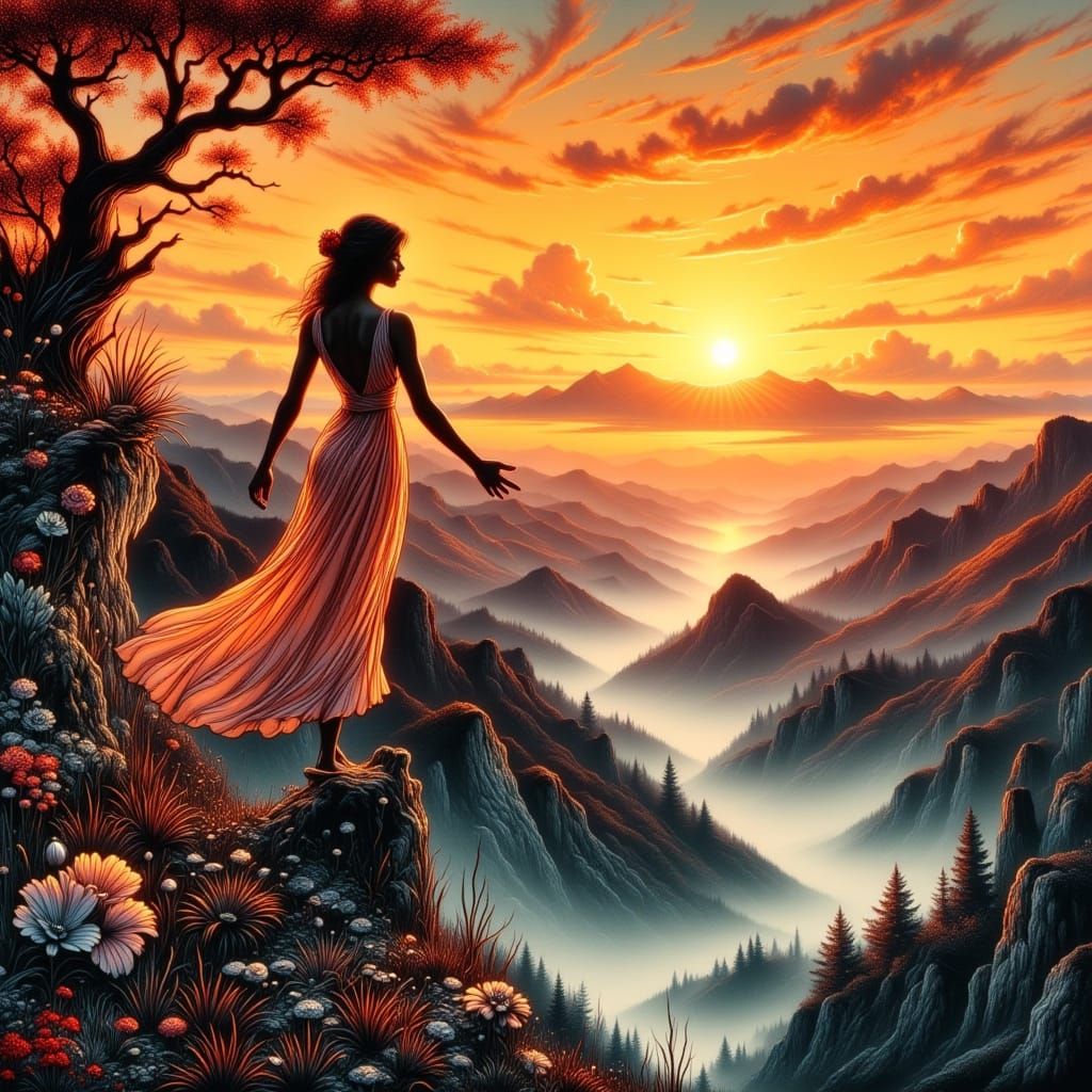 Woman on Cliff in Art Nouveau Style