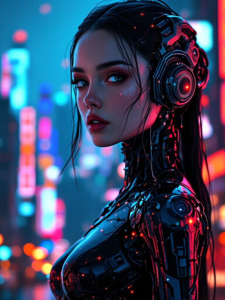 Cyberpunk Android Girl in Futuristic Cityscape