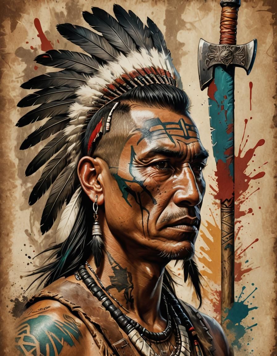 Hyperrealistic Native American Portrait with Axe Tattoo