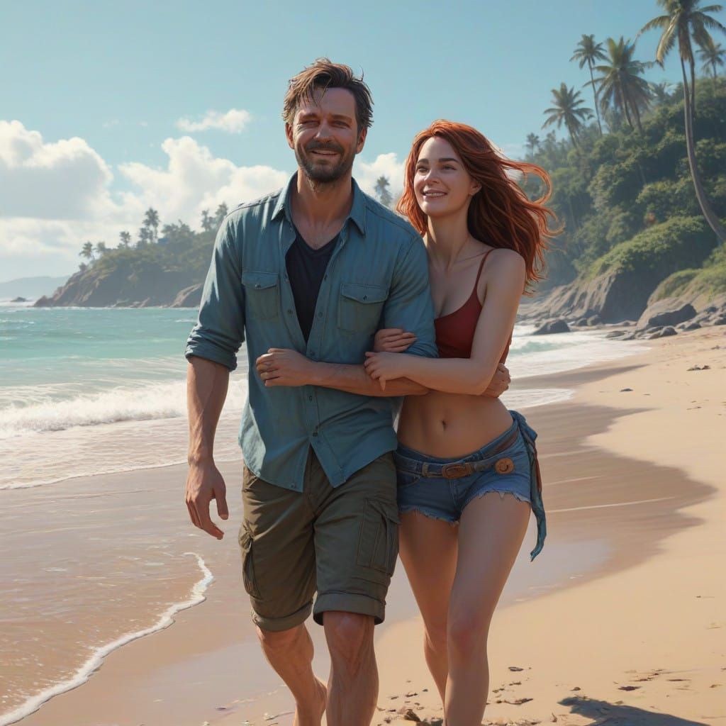 Couple Strolling Along Serene Beach in Photorealistic Style