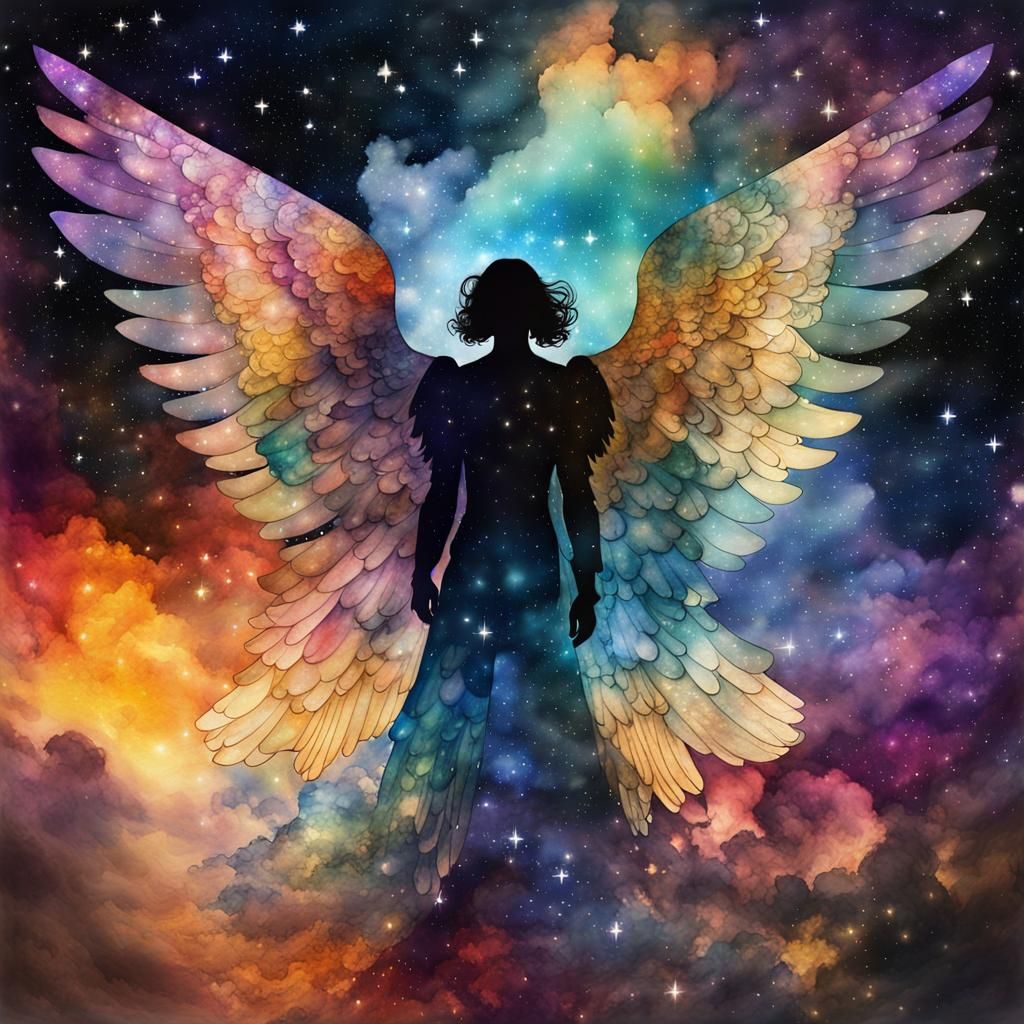 Angelic Nebula: Watercolor Double Exposure in Klimt Style