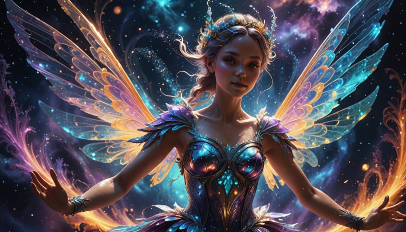 Radiant Fairy Dances Among Nebulas in Hyperreal 3D Rendering