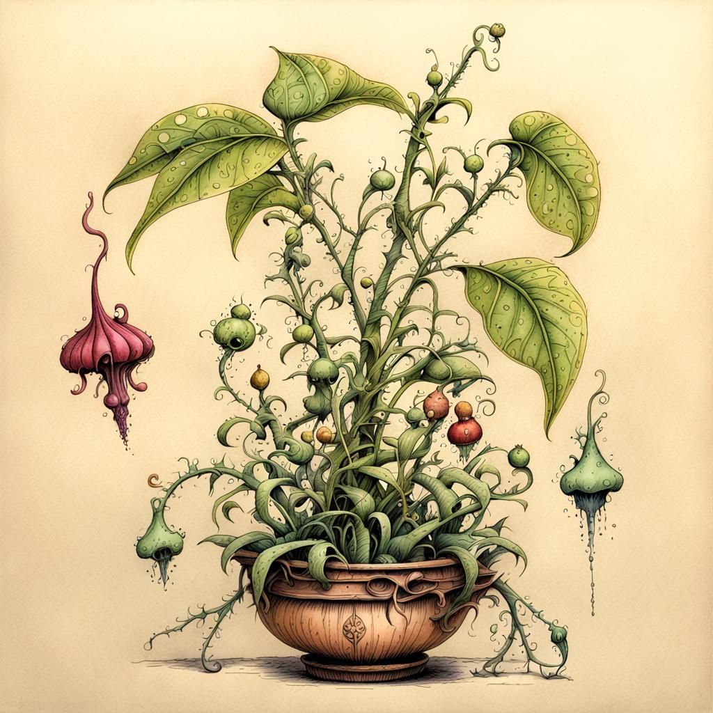 Exotic Poisonous Plant in Botanical Ink Drawing