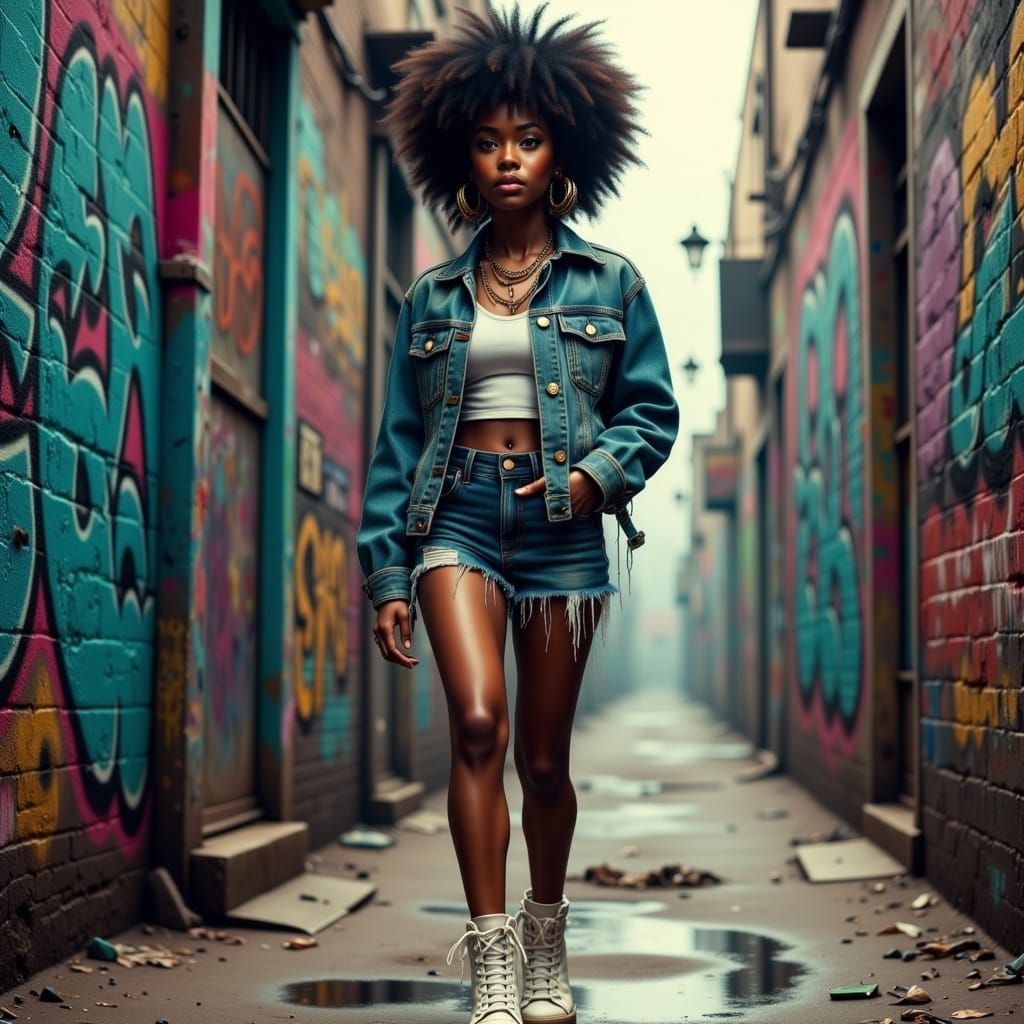 Young Black Woman in Grimy Alleyway, Photorealistic Style