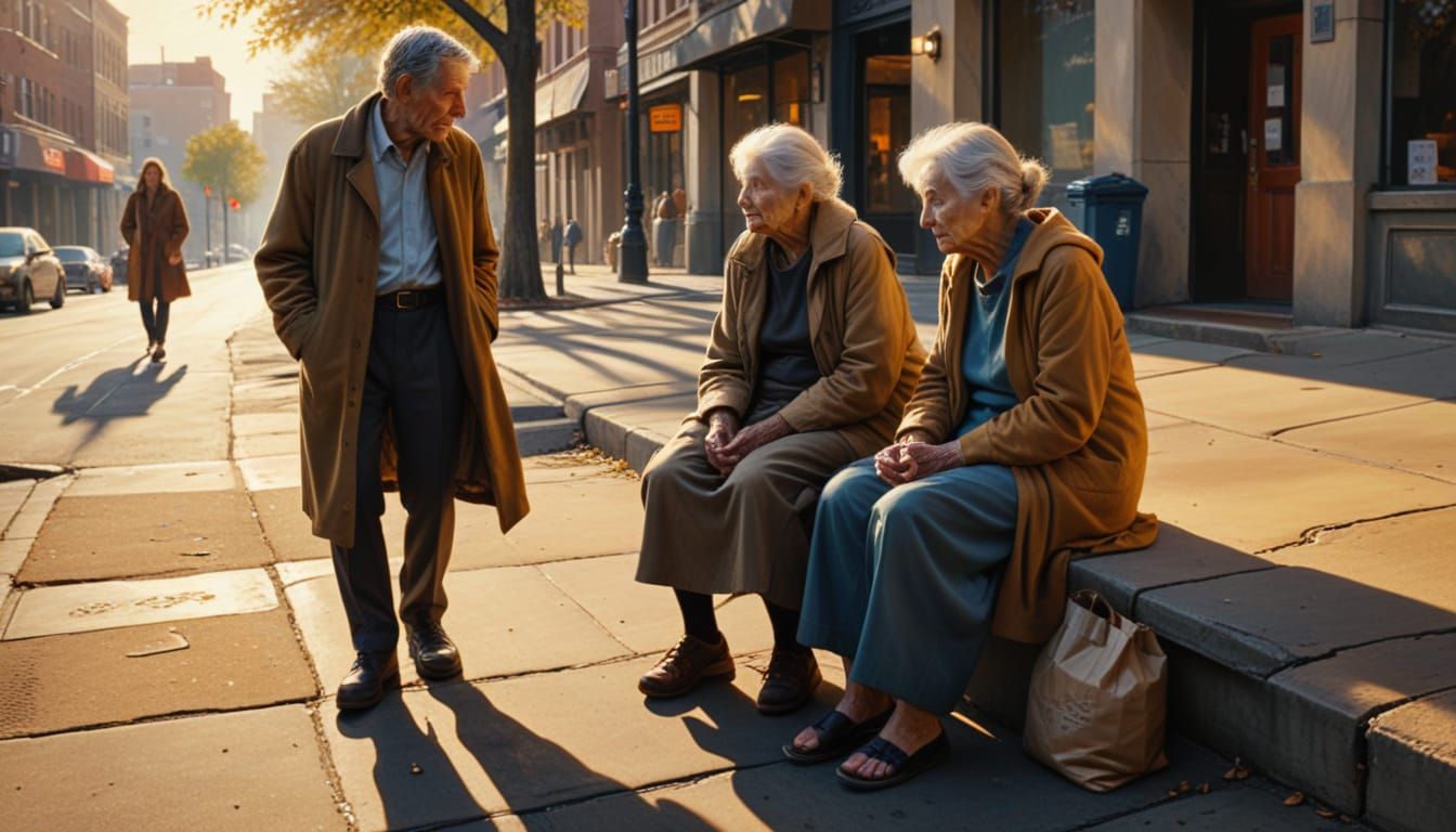 Oil Painting of Wealthy Couple and Homeless Woman
