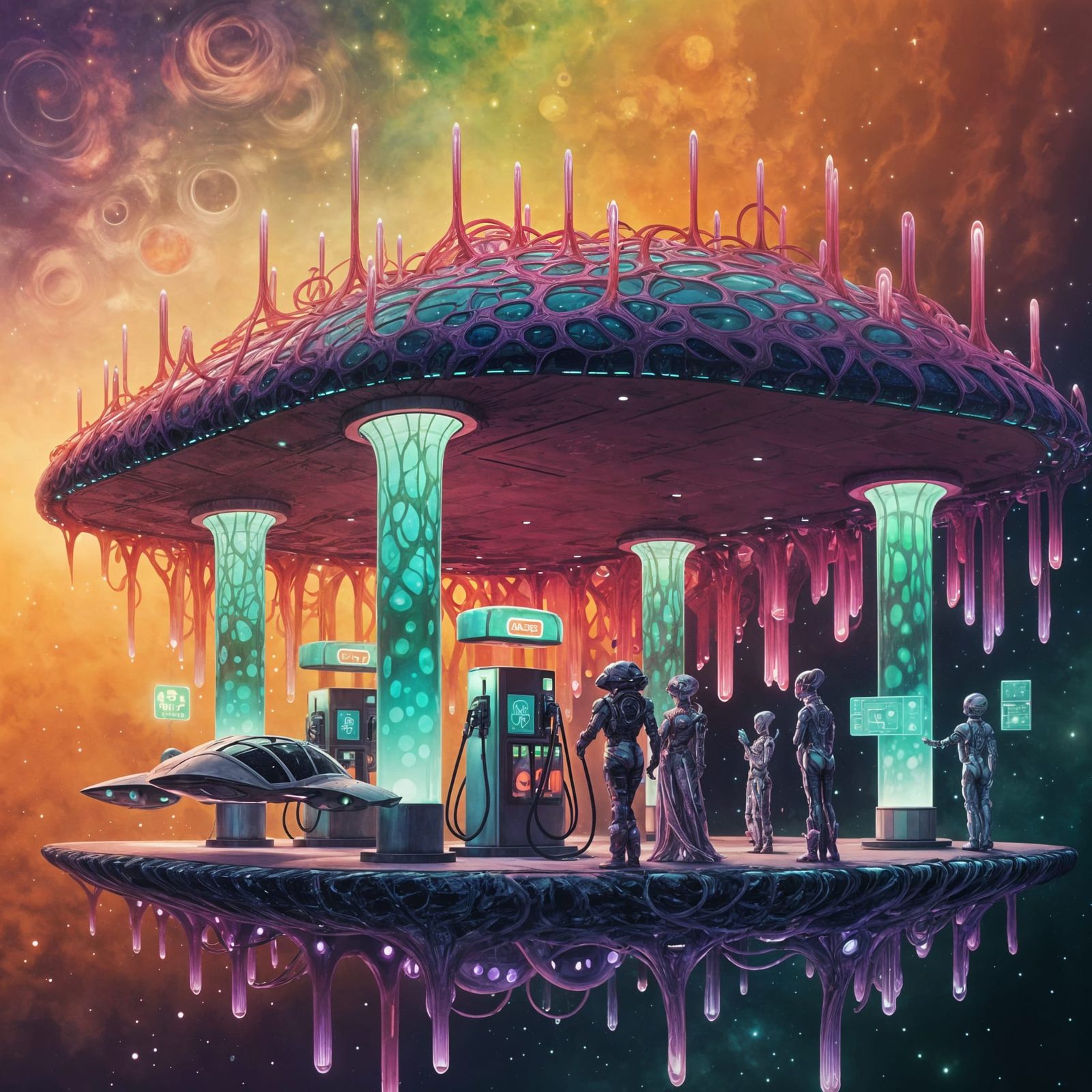 Vibrant Sci-Fi Alien Gas Station in Space