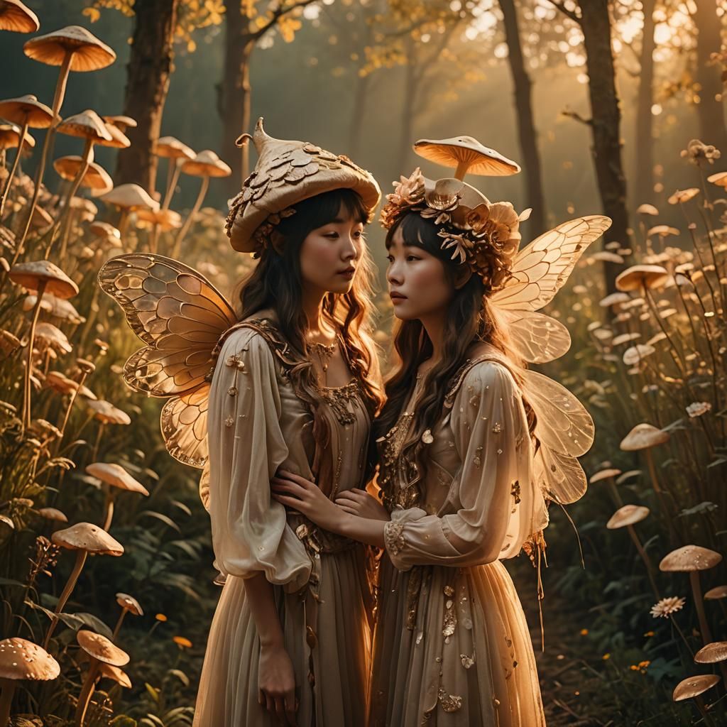 Enchanting Sunset: Mushroom Hats and Fairy Wings