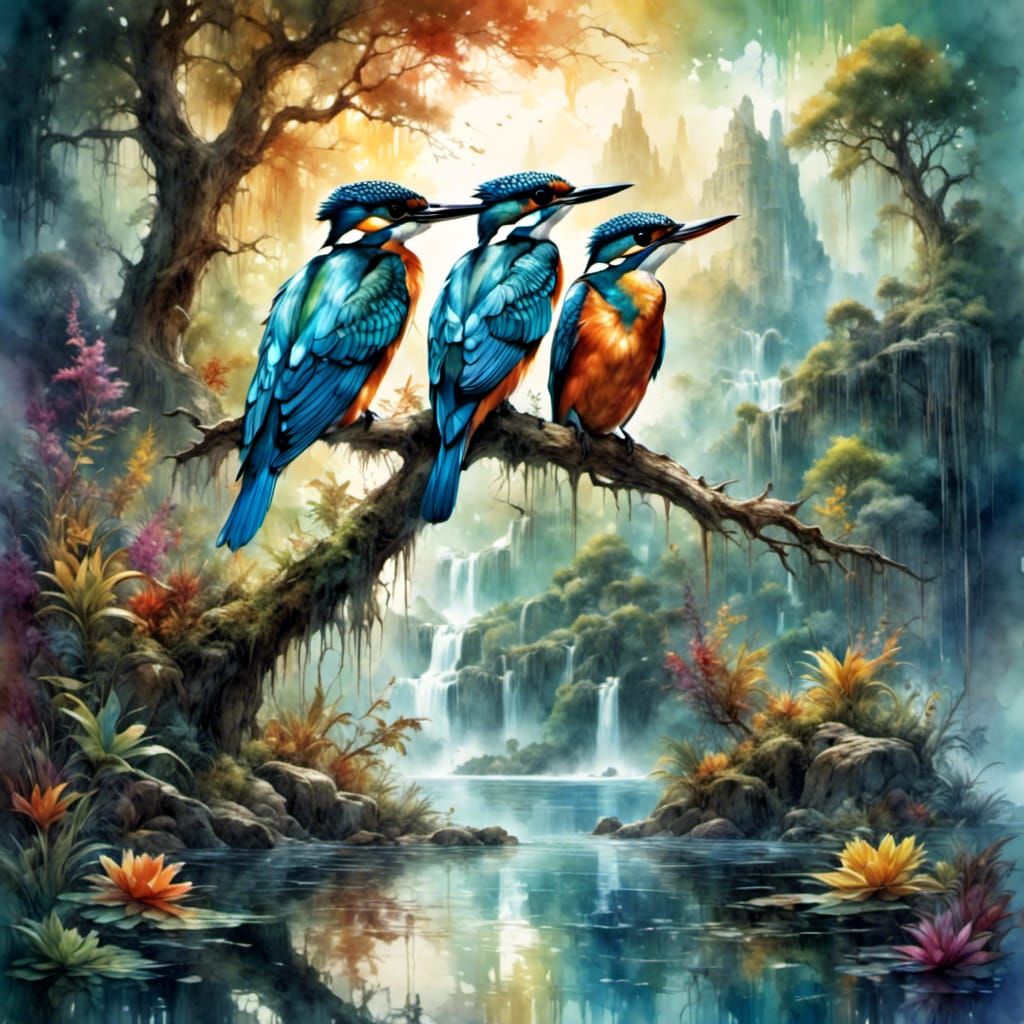Kingfishers Perched Above Lake, Oil Painting