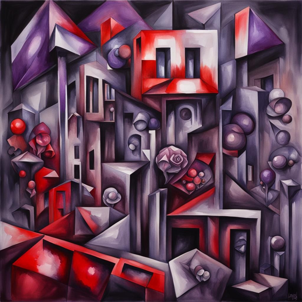 Cubist Watercolor Painting with Dark Synth Influences